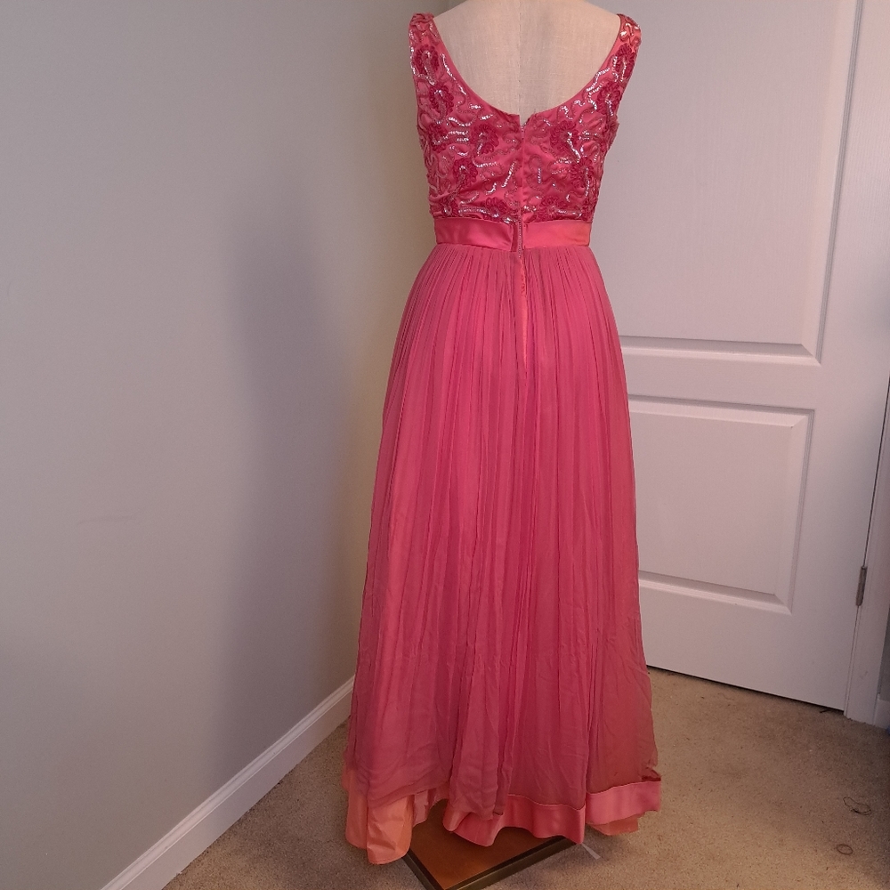 Vintage Pink 60's Silk Chiffon Sequin Gown Party Dress - Picture 5 of 13